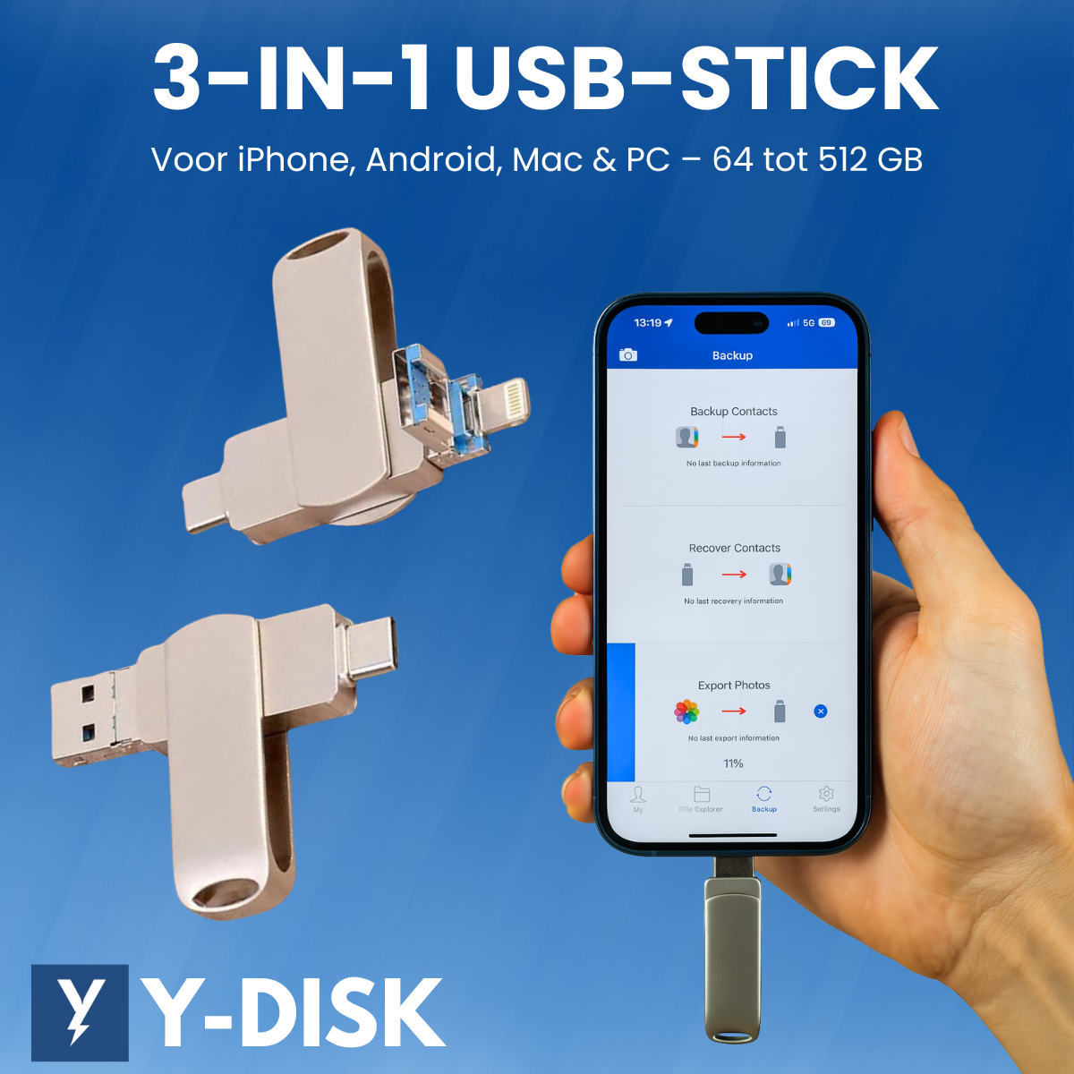 Y-DISK 3-in-1 USB-stick voor iPhone, Android, Mac &amp; PC