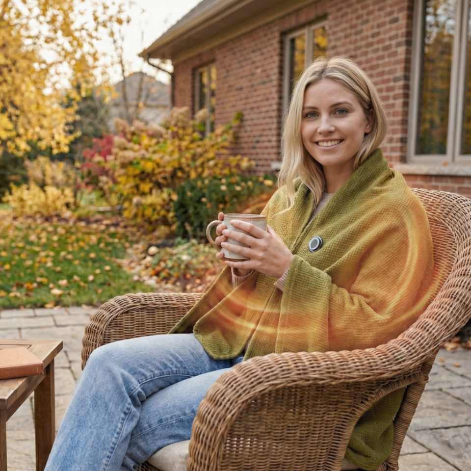 Gezellig moment met de Snugwear verwarmde cape