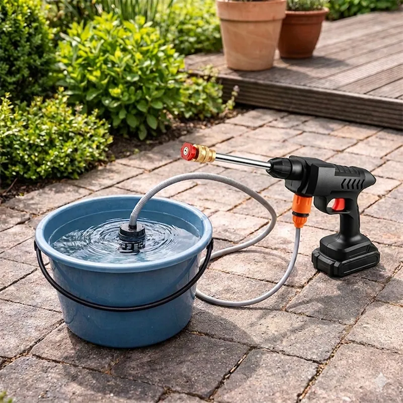 Hang de slang in een emmer water