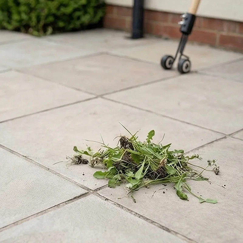 Staand onkruid verwijderen op het terras