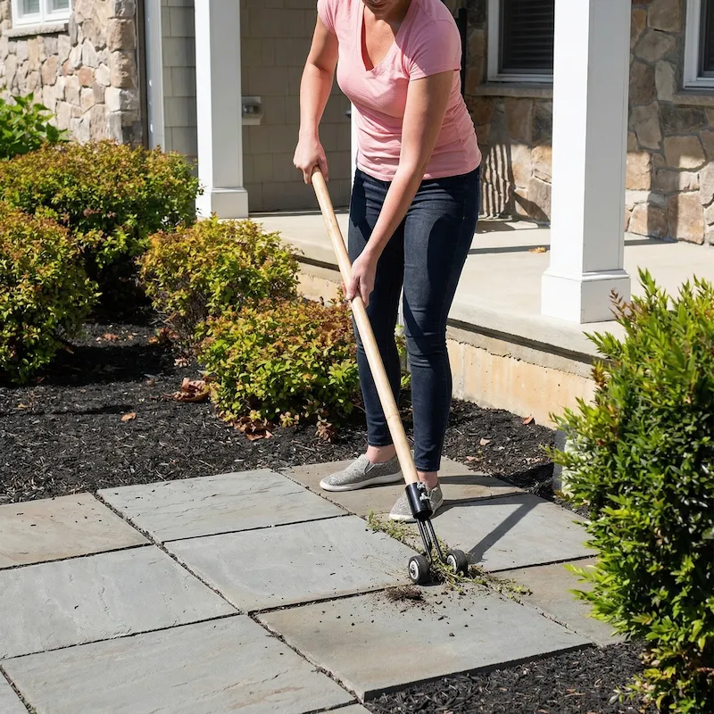 Weedl onkruidverwijderaar in actie tussen terrastegels