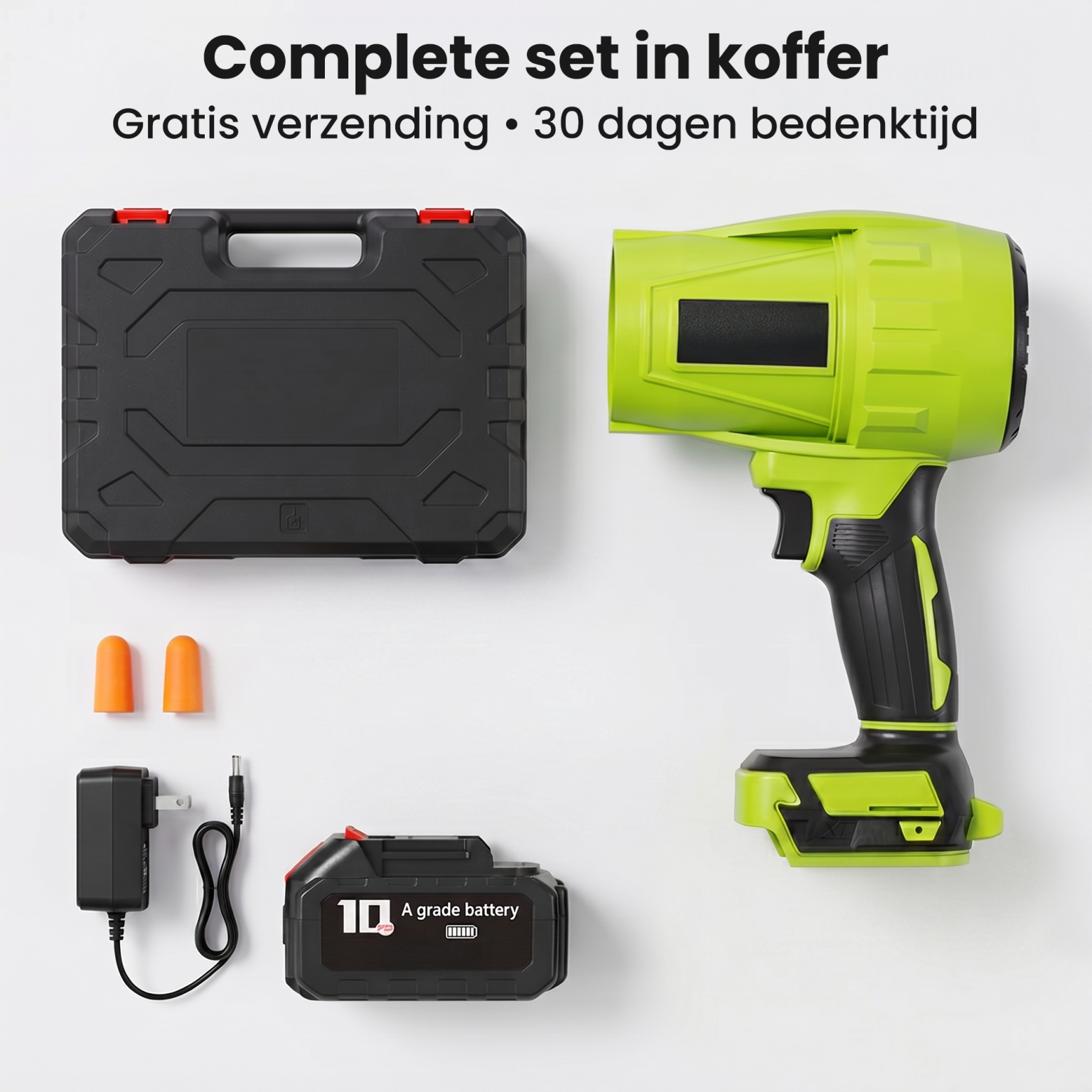 Turbo Blazer – Draadloze Bladblazer Met 2x 3000 MAh Accu – 30.000 Tpm, 63 M/s – Voor Tuin, Auto En Workshop – Incl. 3 Mondstukken