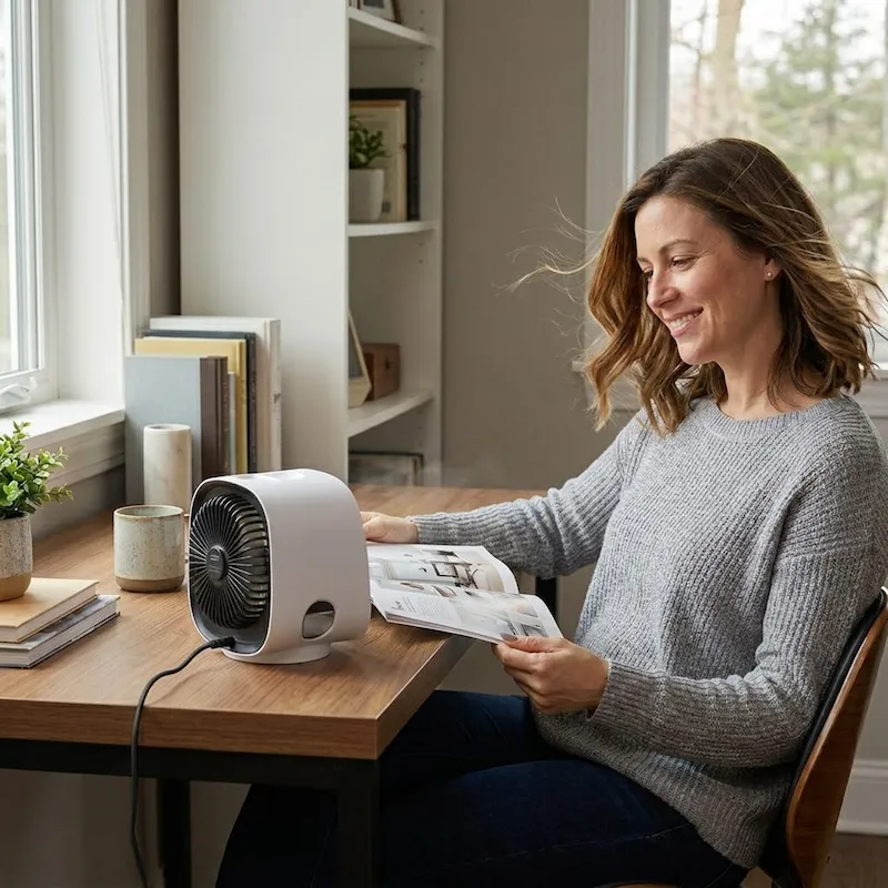 Vrouw zit koel achter haar bureau met AeroMini 2.0