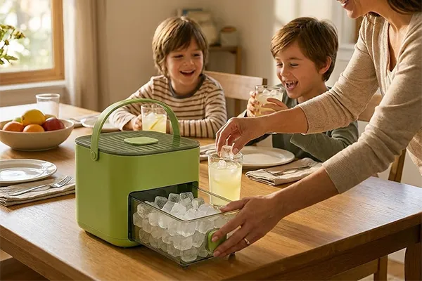 Moeder schenkt limonade met ijs uit de CubeNest voor haar kinderen